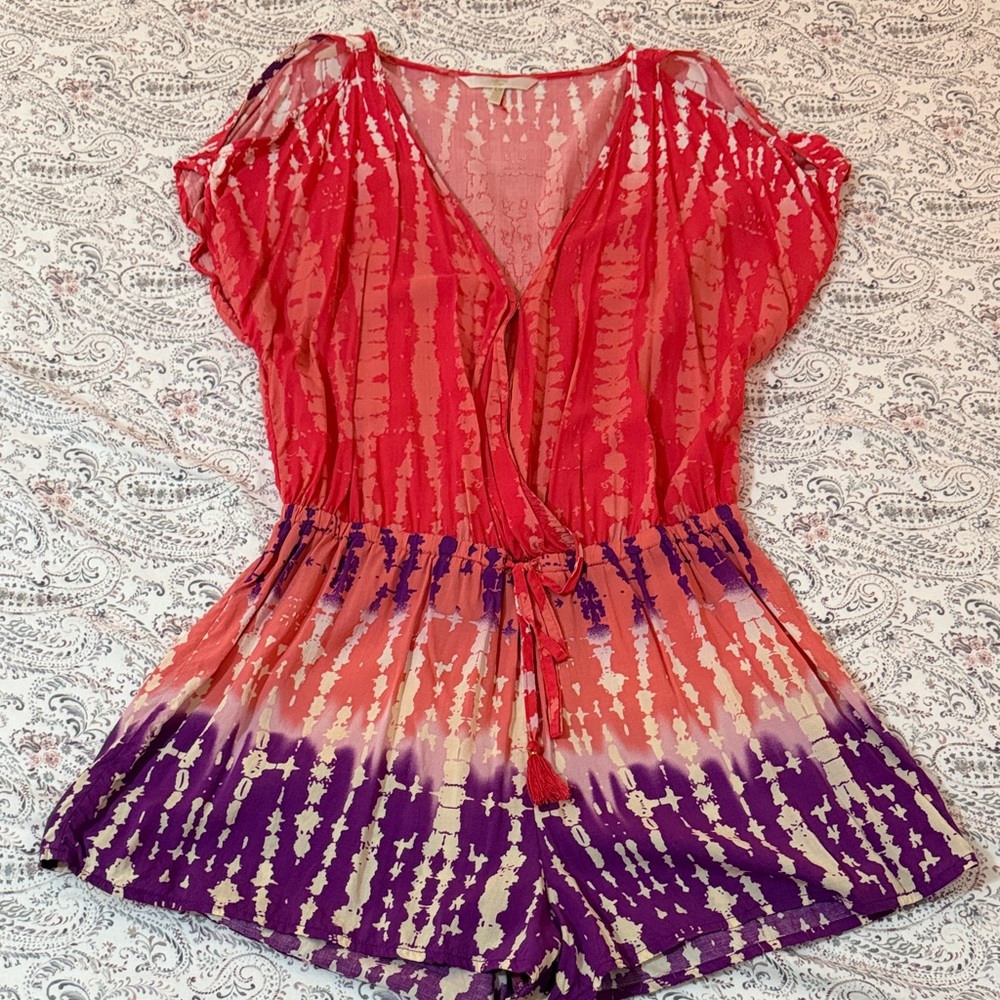 Hawaiian Tropic Vibrant Red to Purple Ombre Tie-Dye Romper cover up